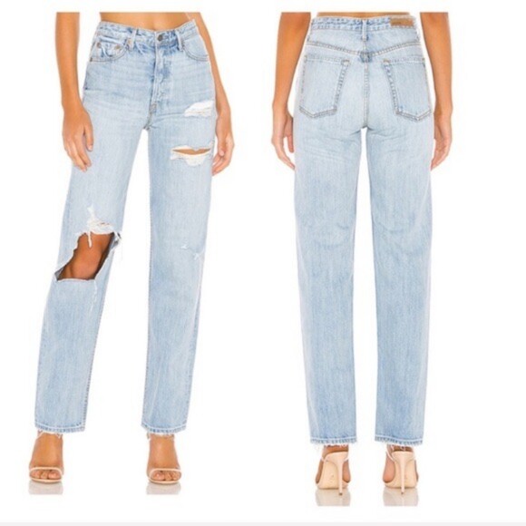 GRLFRND Distressed Light Wash High Rise Mom Jeans Blue 28